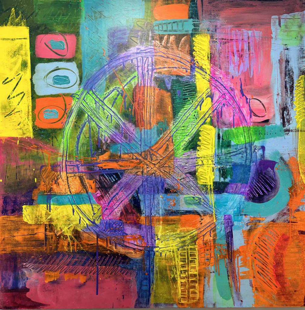 2023 36"x36"x1.25" Acrylic on panel; vibrant abstraction