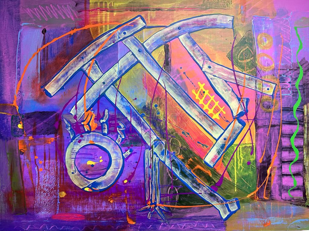 2023 40"x30"x1.25" Acrylic on panel; vibrant abstraction