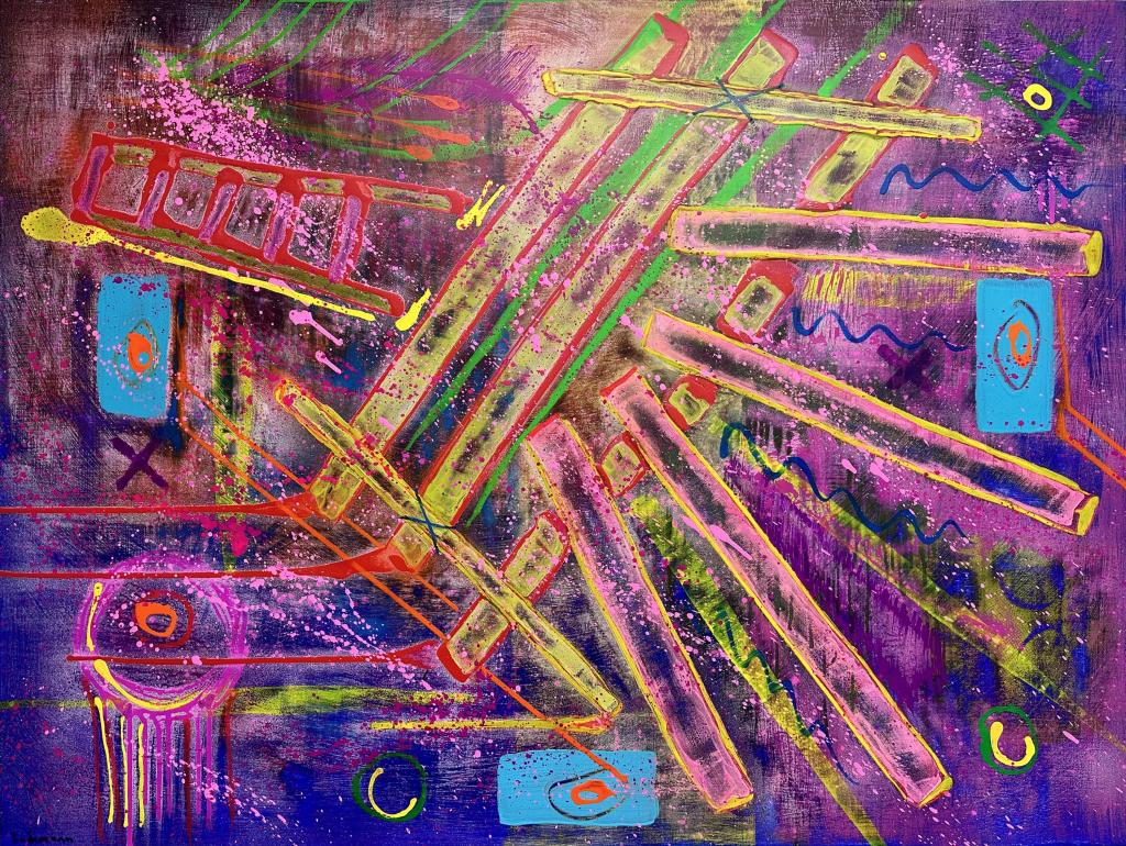 2023 40"x30"x1.25" Acrylic on panel; vibrant abstraction