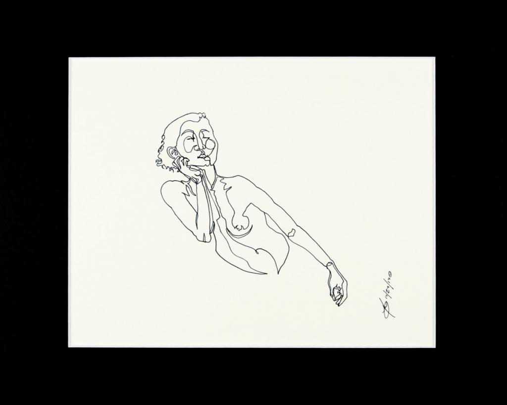 A single ink line, drawn in one continuous stroke, reveals a woman with her chin resting in her palm in serene contemplation.
