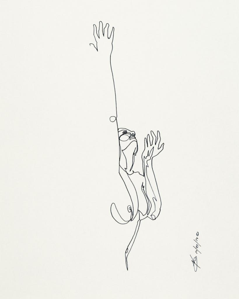 Single-line ink drawing of nude female figure