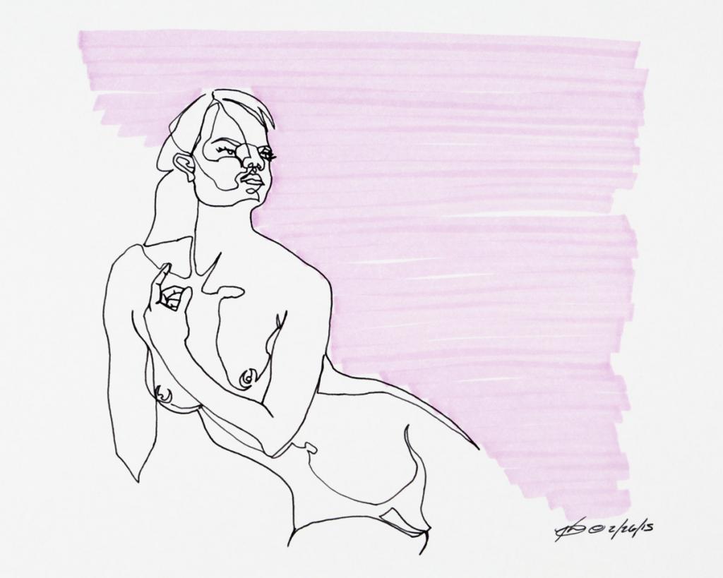 A pen line drawn in one continuous stroke reveals a woman with her head held skyward with marker accents.