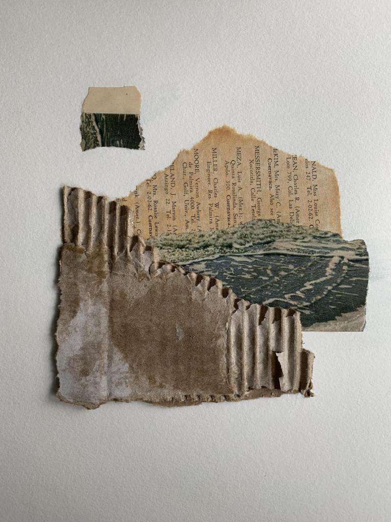 Mixed media collage, vintage paper on cardboard 6x6