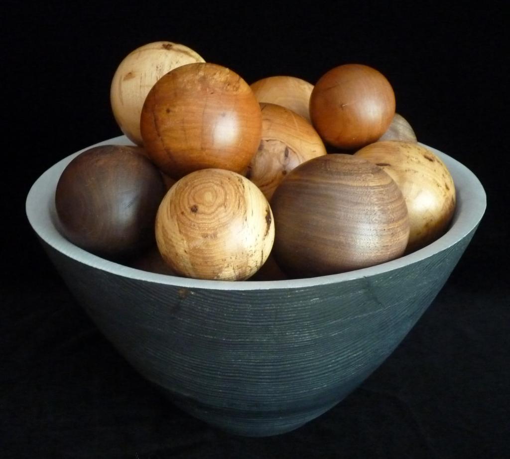 2018; pine and milk paint (bowl), cherry, walnut, pecan, and pear spheres; 14" x 14" x "11"H