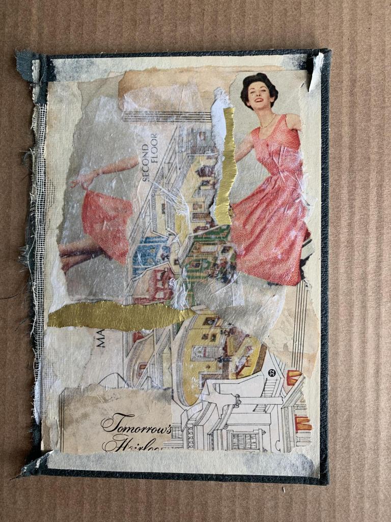 Mixed media collage with vintage papers on an antique book cover