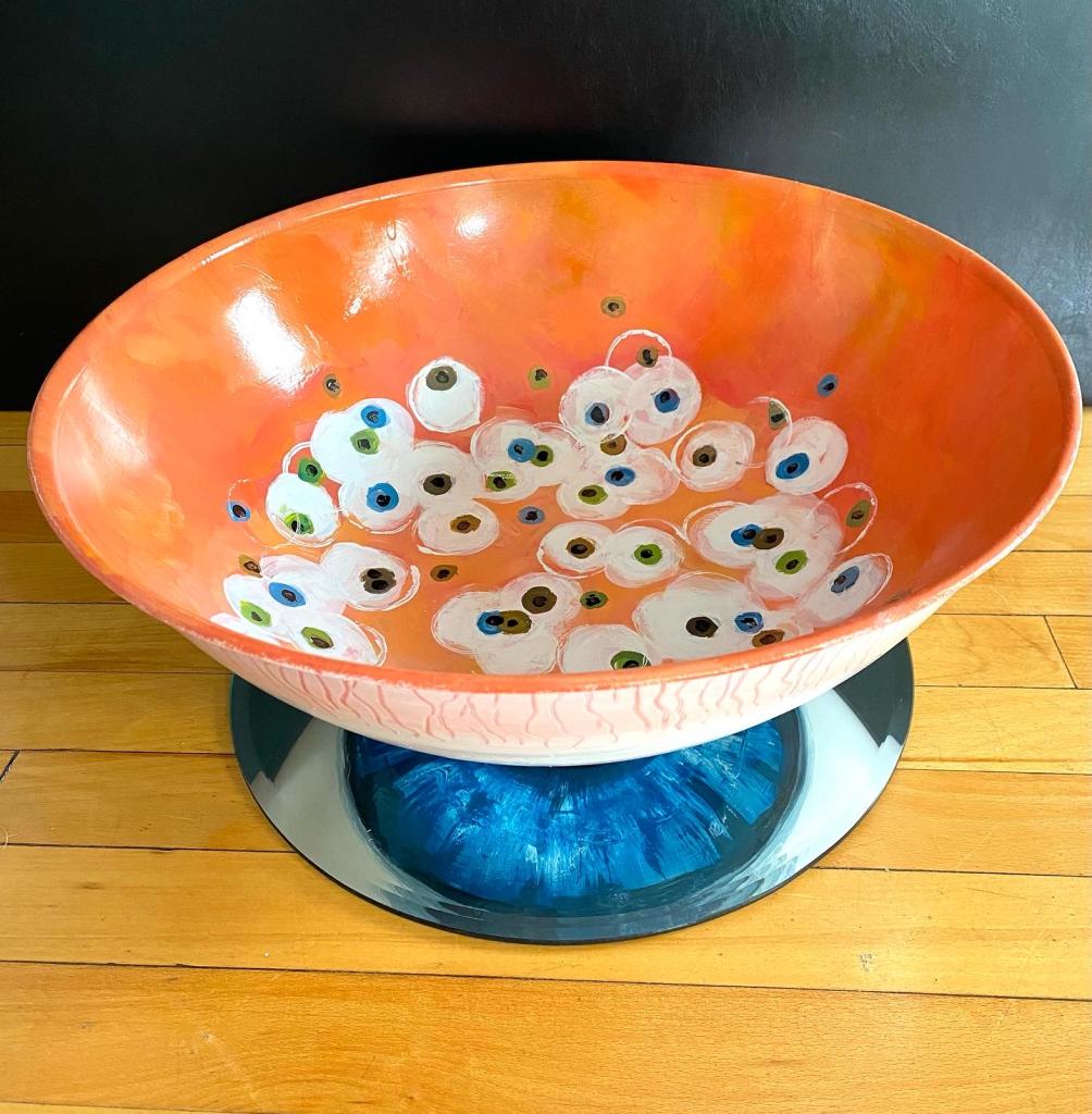 In the 2021 juried show “Everyday Objects” at the Glen Arbor Arts Center. 16”x16”x8”. Rustoleum on metal bowl.