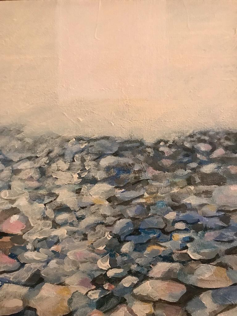 Acrylic, 11 by 14 in, rocks and stones washed on the beach changing with each wave; endless discoveries waiting and returning for you. The richness and abundance is endless and for a moment we own the whole world like kings and queens and there is enough for everyone for all time.