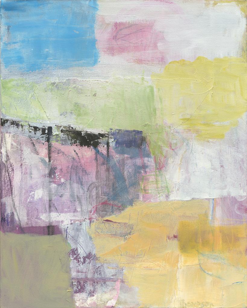 A 28 x 34 painting with layers of pale oil colors, charcoal, natural fiber paper, and tulle fabric.