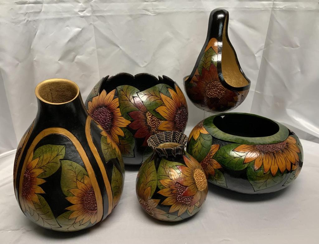 Sunflowers! A collection of various size vessels, sunflower wood burned design, ink dyes.