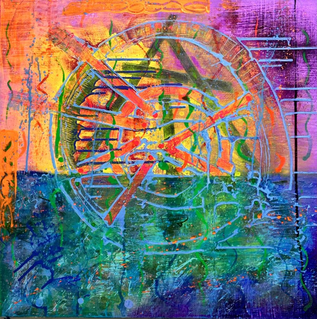 2023 24"x24"x1.25" Acrylic on panel; vibrant abstraction