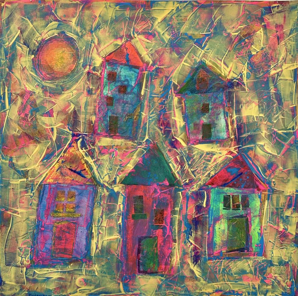 2024 24"x24"x2" Acrylic on primed paper, vibrant layered abstraction