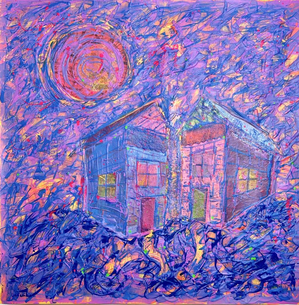 2024 24"x24"x2" Acrylic on primed paper, vibrant layered abstraction