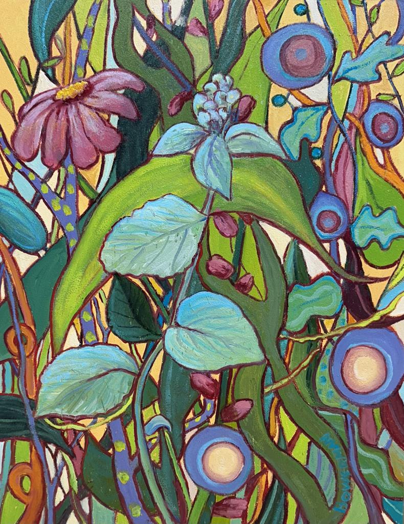This oil painting is part of a botanical series emphasizing shapes and harmonious but vibrant color.