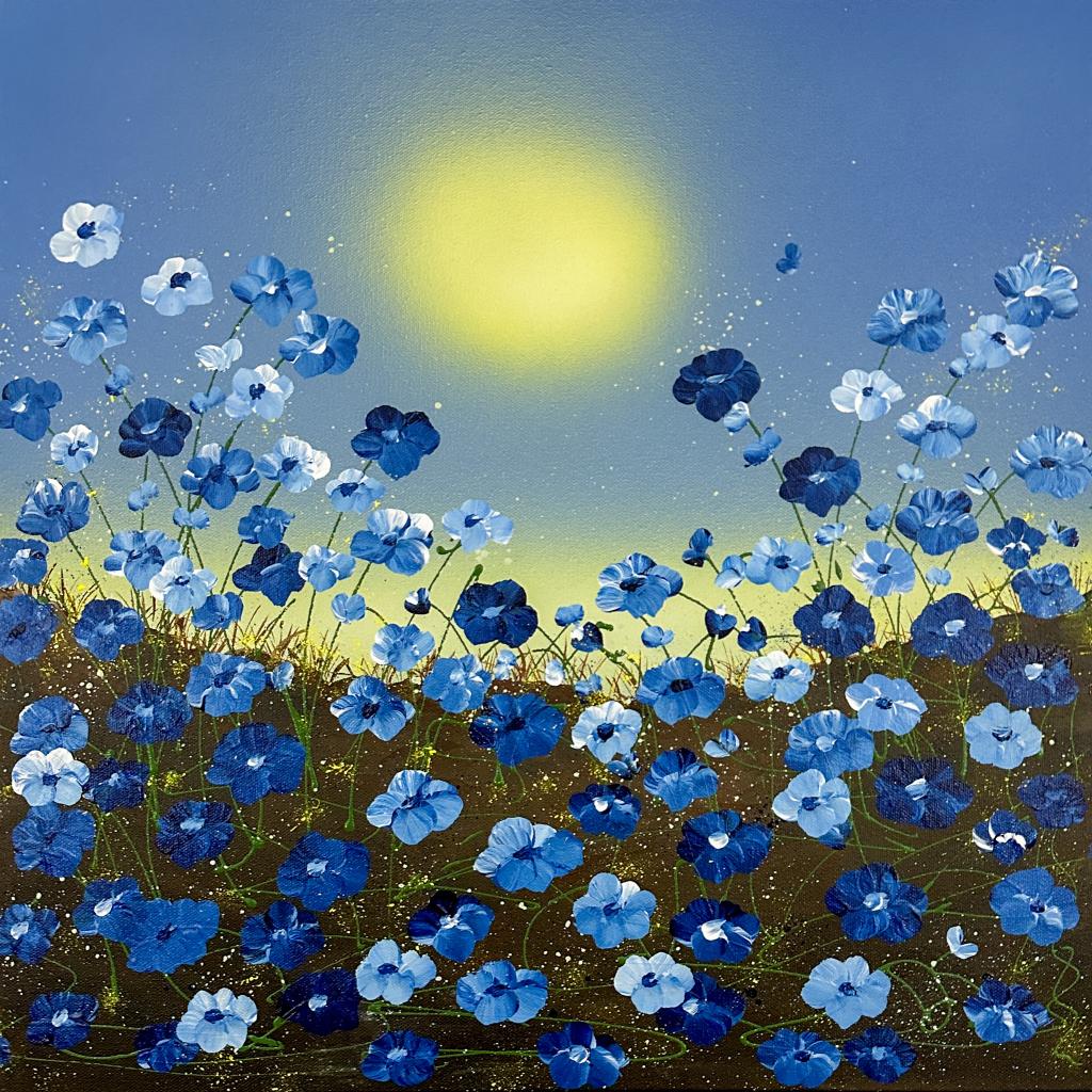 Michigan meadow painting with sun and blue flowers