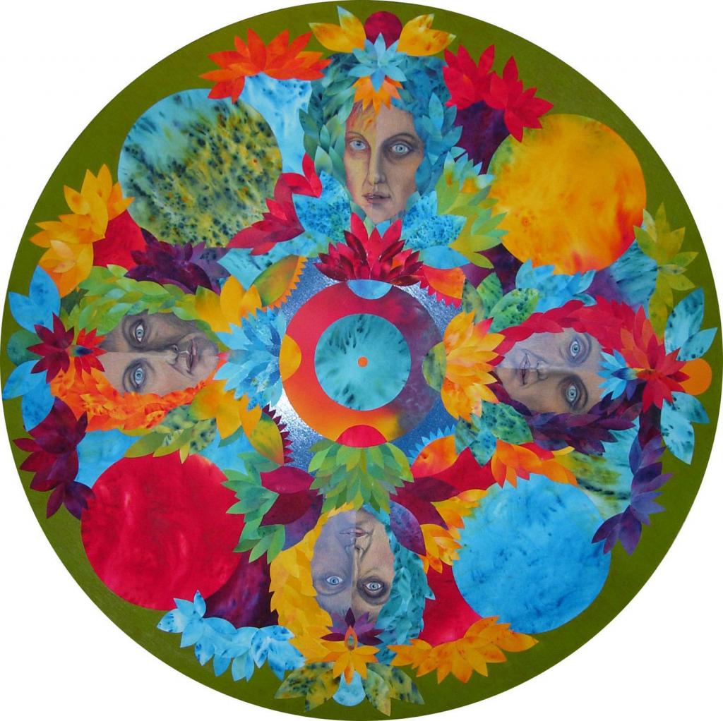 2005. 48" diameter. Dyed Paper Collage on wooden board