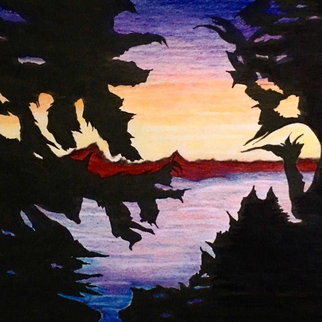 Sunset Through The Trees 8x10 Ink and Colored Pencil SOLD