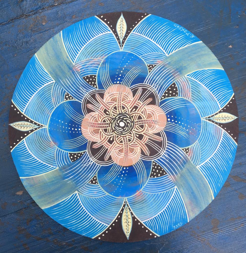 2020. 14" diameter. Acrylic on wooden board.