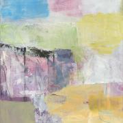 A 28 x 34 painting with layers of pale oil colors, charcoal, natural fiber paper, and tulle fabric.